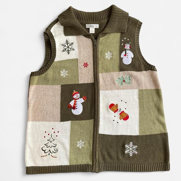 CJ Banks Sweaters - CJ Banks Green & Tan Tone Knit Embroidered Christmas Winter Snowman Sweater Vest